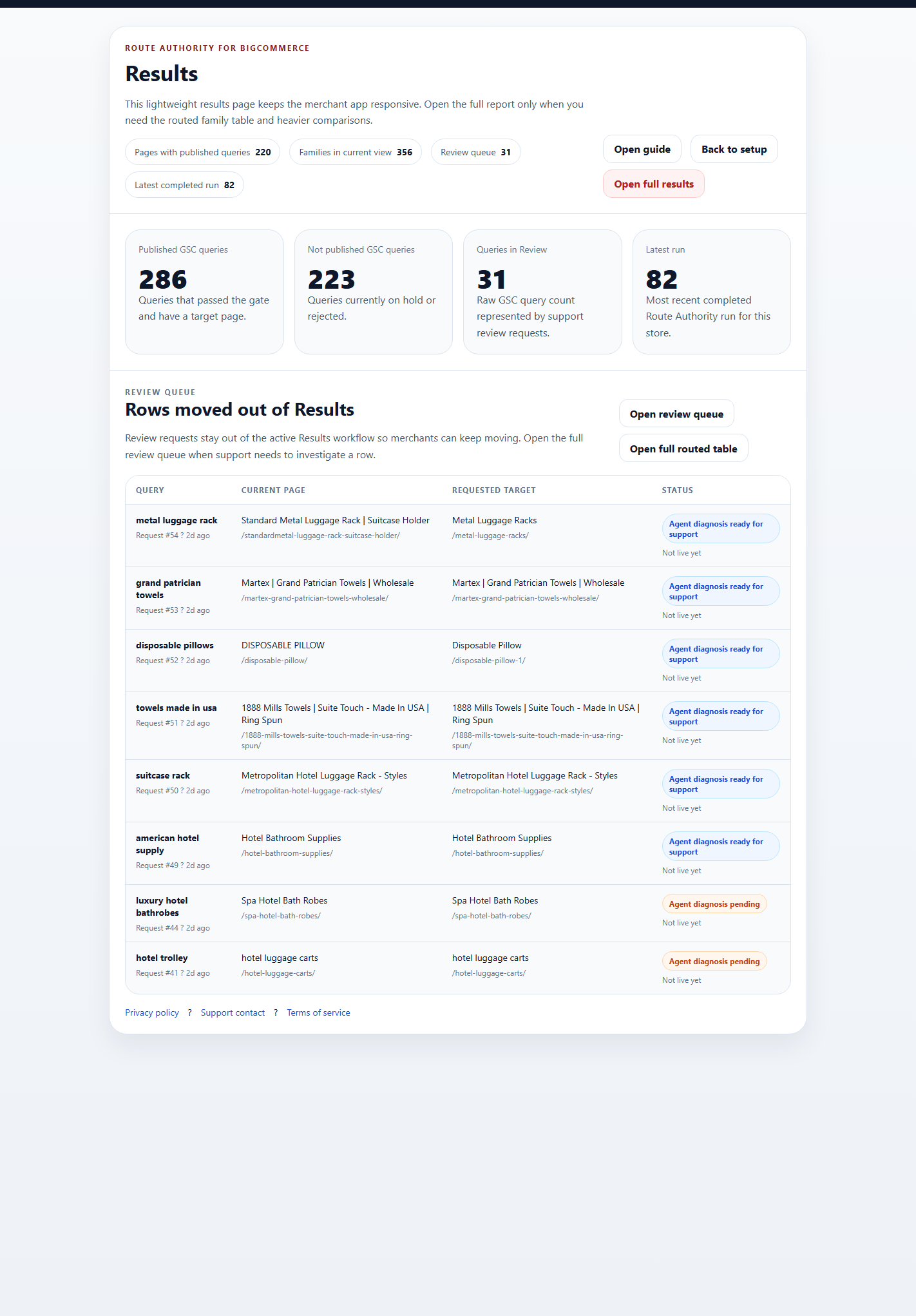 Route Authority results and review queue screen